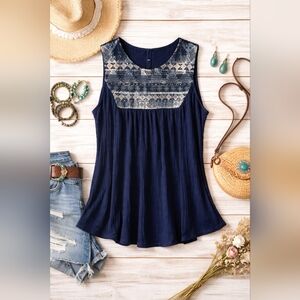 Lucky Brand Boho Embroidered Tank Top L Navy Blue Sleeveless Flowy Festival